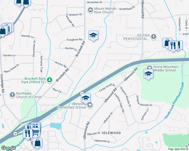 map of restaurants, bars, coffee shops, grocery stores, and more near 4106 Franks Drive in Tucker