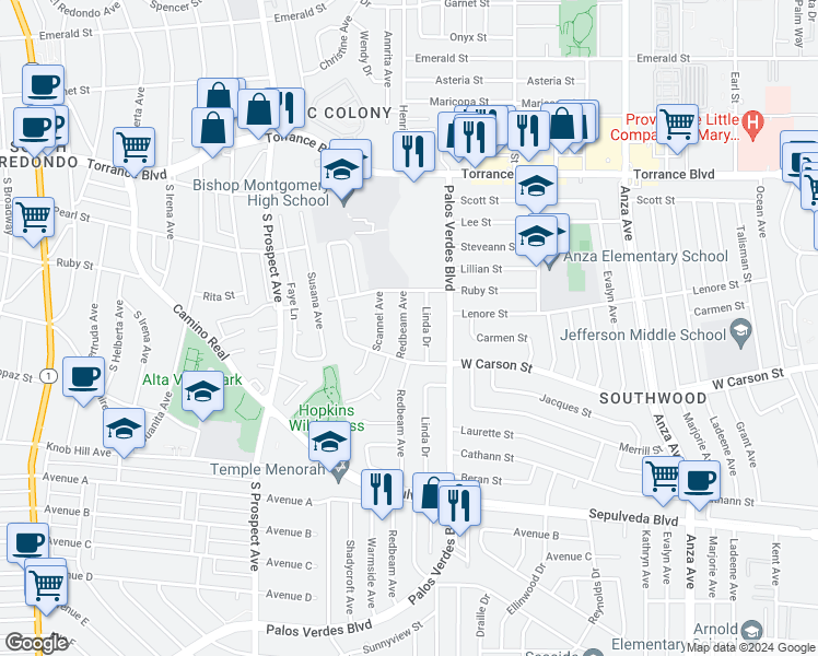 map of restaurants, bars, coffee shops, grocery stores, and more near 21610 Redbeam Avenue in Torrance
