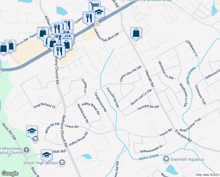 map of restaurants, bars, coffee shops, grocery stores, and more near 3963 Ferncliff Road in Snellville