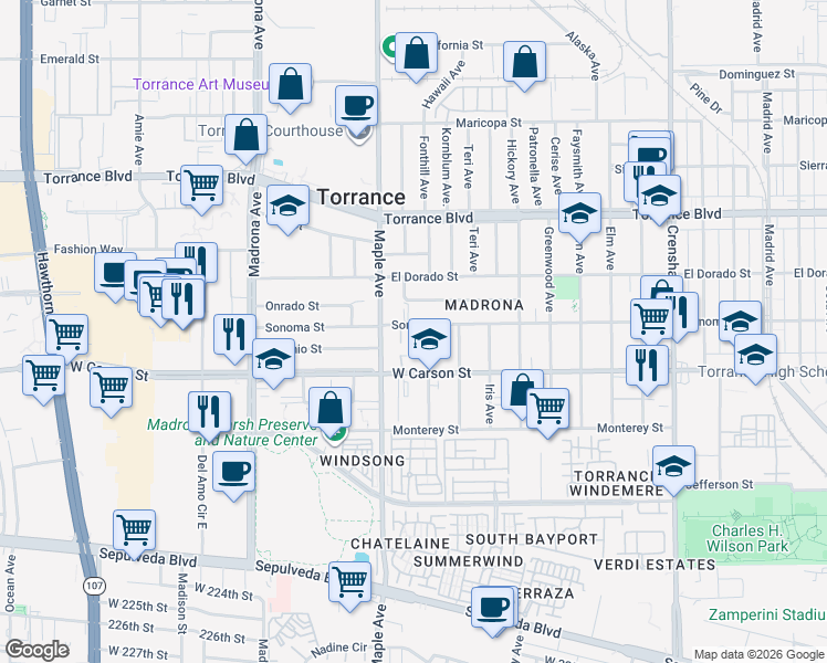 map of restaurants, bars, coffee shops, grocery stores, and more near 2914 Sonoma Street in Torrance