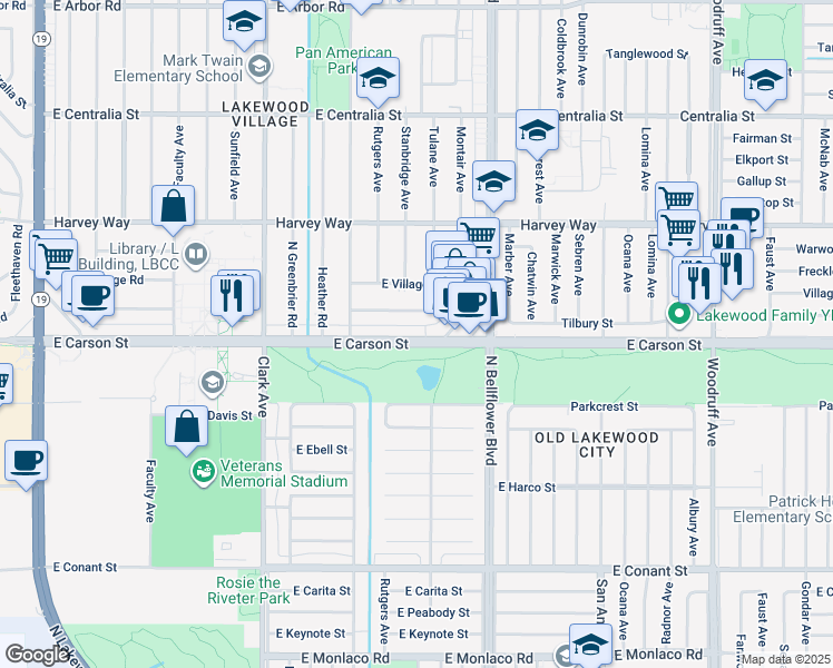 map of restaurants, bars, coffee shops, grocery stores, and more near 5345 East Carson Street in Long Beach