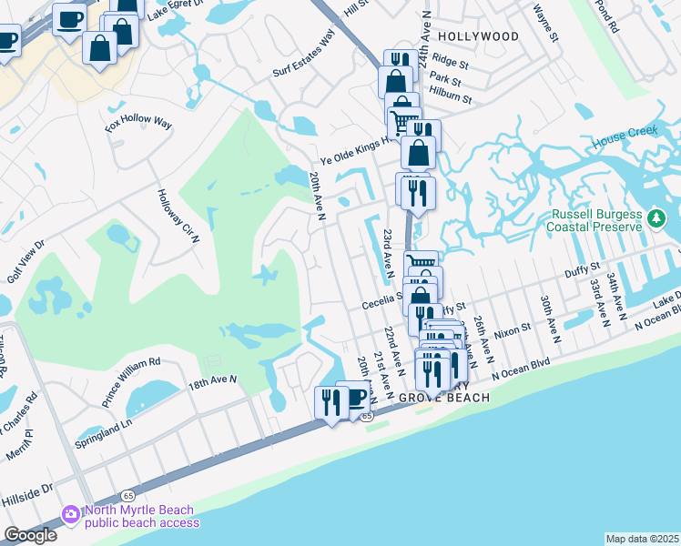 map of restaurants, bars, coffee shops, grocery stores, and more near 520 20th Avenue North in North Myrtle Beach