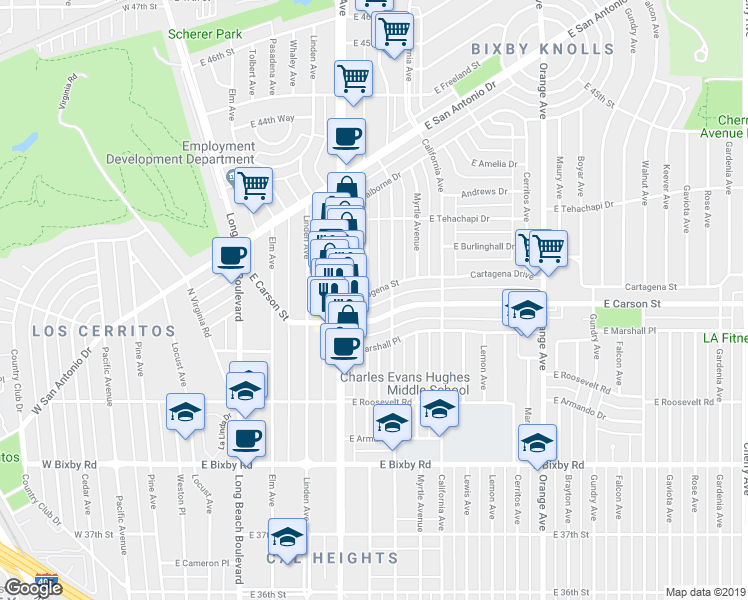 map of restaurants, bars, coffee shops, grocery stores, and more near 700 Cartagena Street in Long Beach
