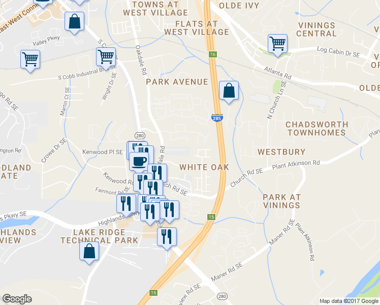 map of restaurants, bars, coffee shops, grocery stores, and more near 2168 Oakdale Estates Court in Smyrna