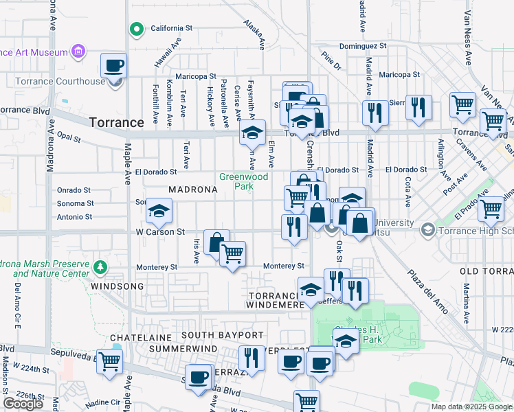 map of restaurants, bars, coffee shops, grocery stores, and more near 1610 Fern Avenue in Torrance