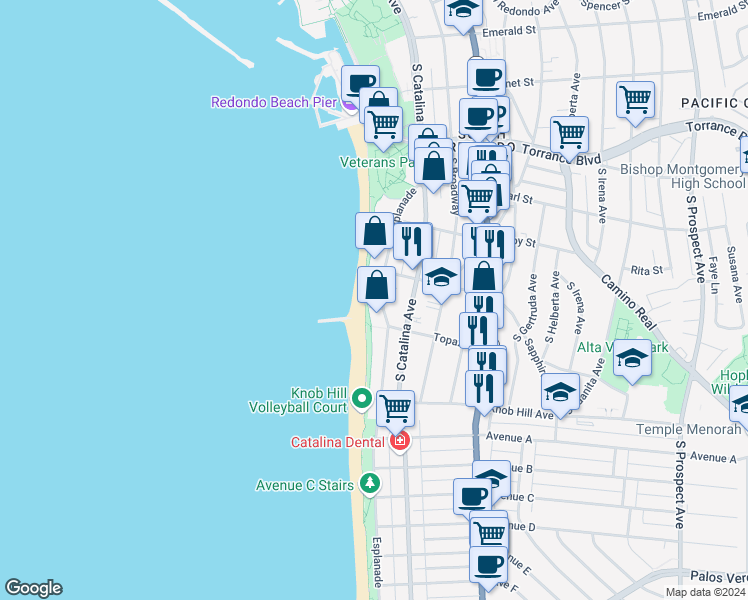 map of restaurants, bars, coffee shops, grocery stores, and more near in Redondo Beach