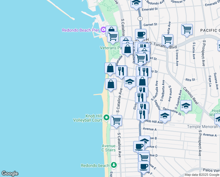 map of restaurants, bars, coffee shops, grocery stores, and more near in Redondo Beach