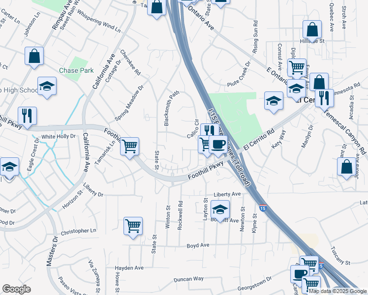map of restaurants, bars, coffee shops, grocery stores, and more near 1801 Marquez Way in Corona