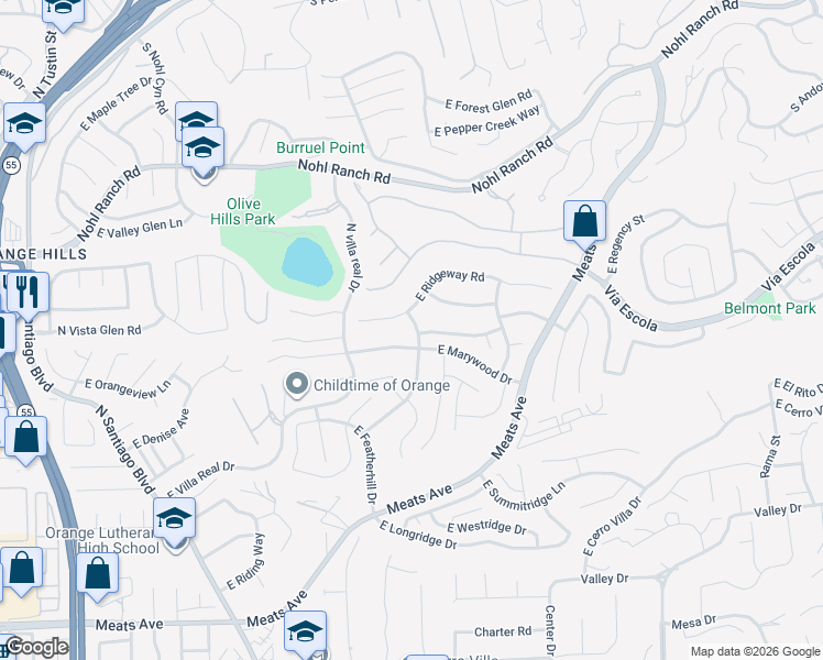 map of restaurants, bars, coffee shops, grocery stores, and more near 2626 North Meadow Grove Road in Orange
