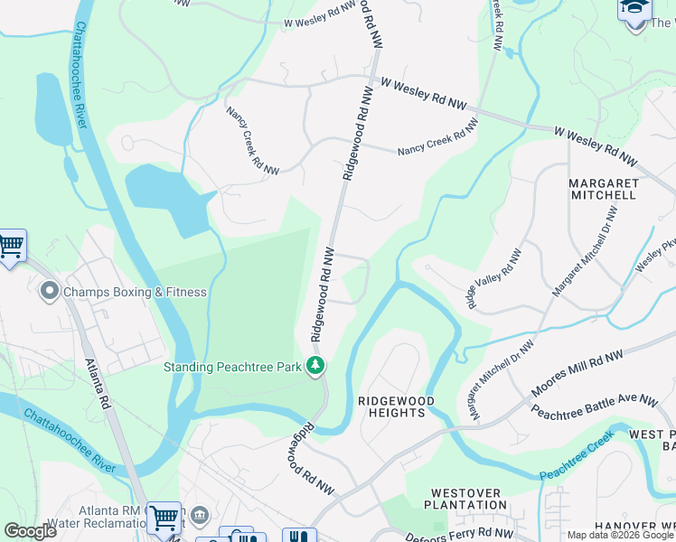 map of restaurants, bars, coffee shops, grocery stores, and more near 2841 Ridgewood Road Northwest in Atlanta