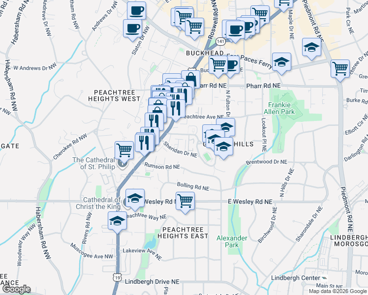 map of restaurants, bars, coffee shops, grocery stores, and more near 124 Sheridan Drive Northeast in Atlanta