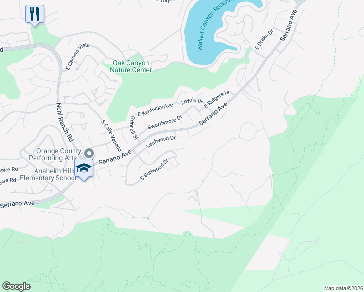 map of restaurants, bars, coffee shops, grocery stores, and more near 1086 South Rimwood Drive in Anaheim