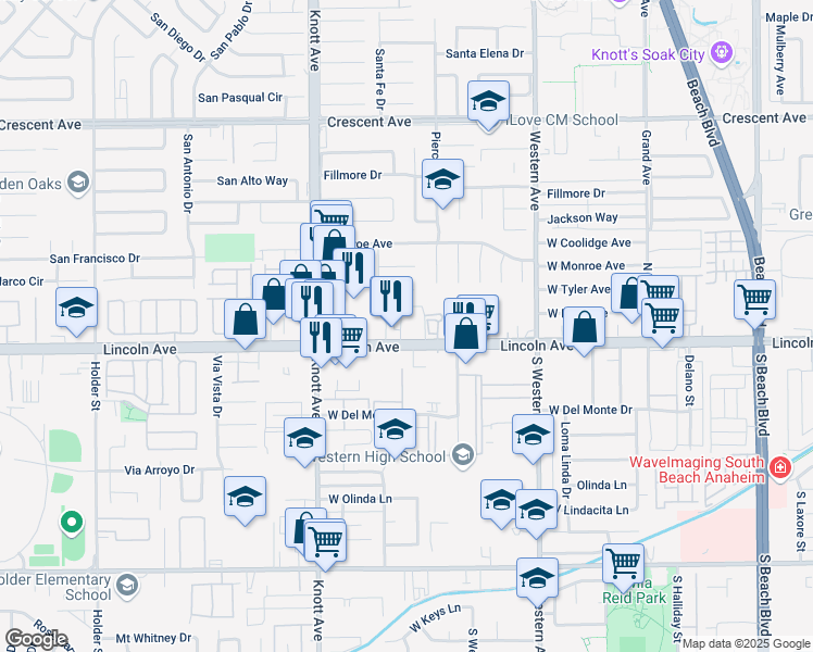 map of restaurants, bars, coffee shops, grocery stores, and more near 3335 West Lincoln Avenue in Anaheim