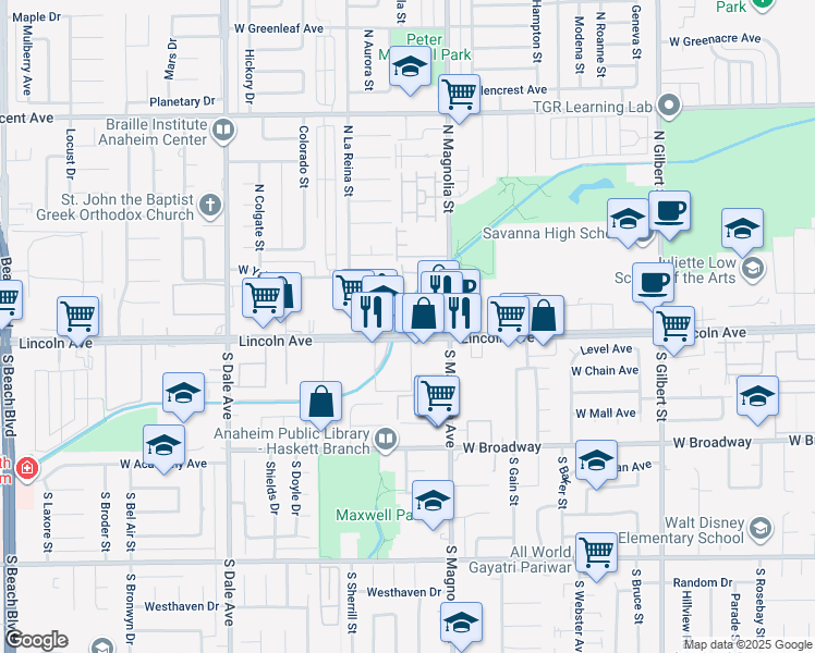 map of restaurants, bars, coffee shops, grocery stores, and more near 2641 West Lincoln Avenue in Anaheim
