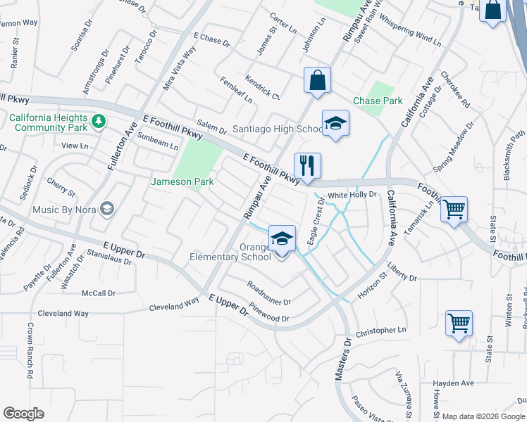 map of restaurants, bars, coffee shops, grocery stores, and more near 1320 Longwood Pines Lane in Corona