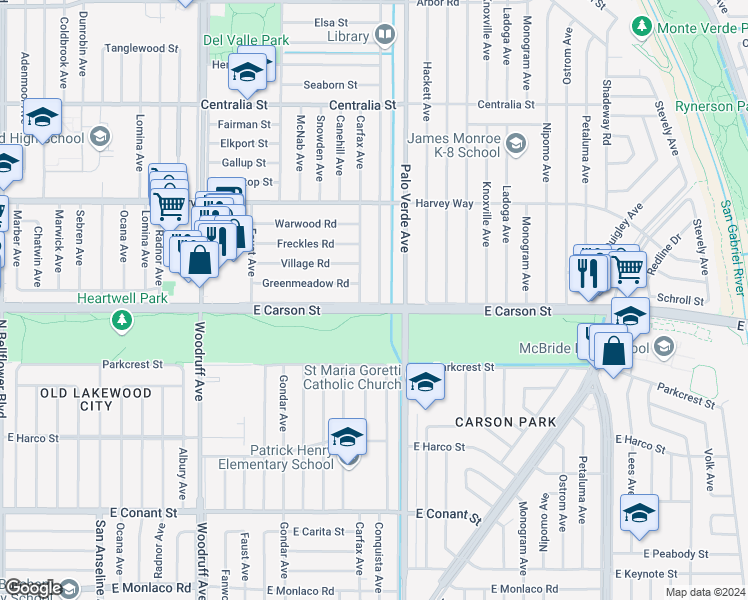 map of restaurants, bars, coffee shops, grocery stores, and more near 4105 Conquista Avenue in Lakewood