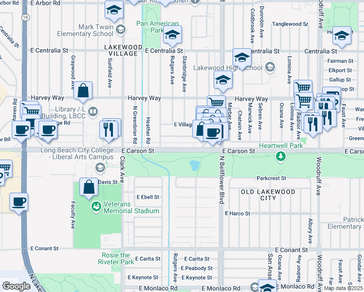 map of restaurants, bars, coffee shops, grocery stores, and more near 5323 East Carson Street in Long Beach