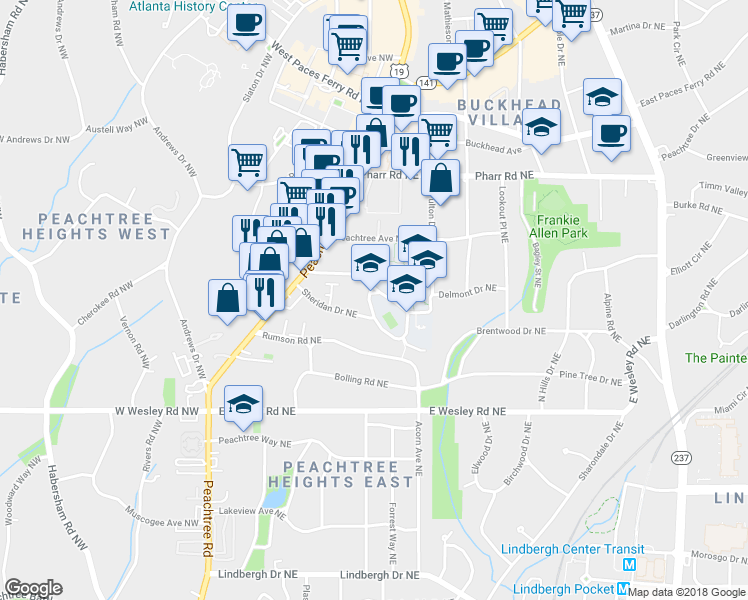 map of restaurants, bars, coffee shops, grocery stores, and more near 285 Sheridan Drive Northeast in Atlanta