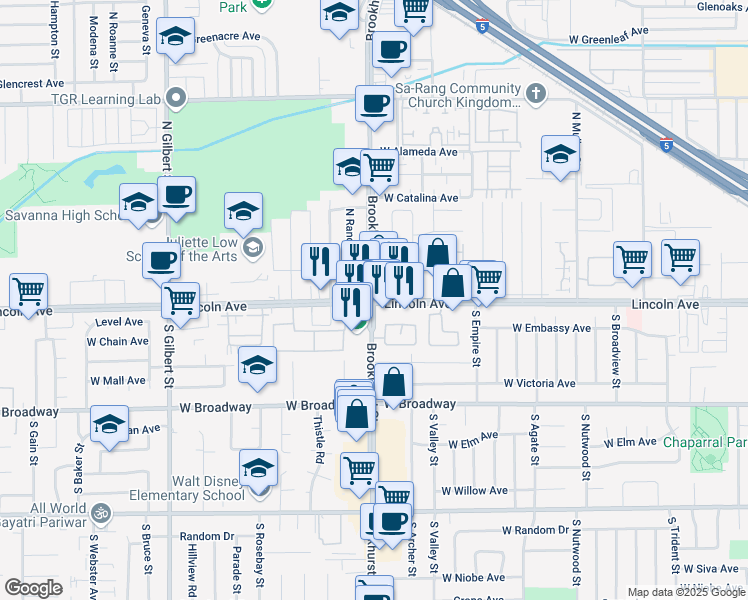 map of restaurants, bars, coffee shops, grocery stores, and more near W Lincoln Ave & N Brookhurst St in Anaheim