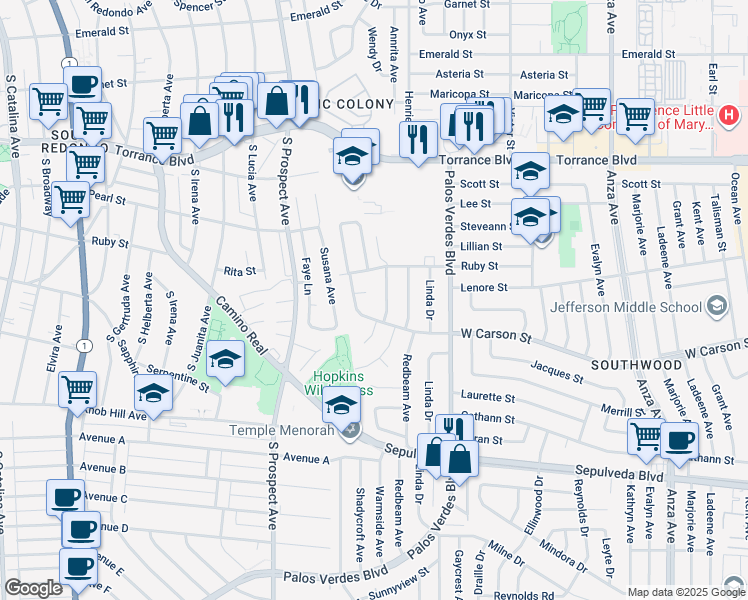map of restaurants, bars, coffee shops, grocery stores, and more near 5614 Ruby Pl in Torrance