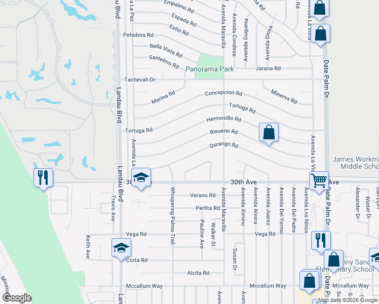 map of restaurants, bars, coffee shops, grocery stores, and more near 68290 Durango Road in Cathedral City
