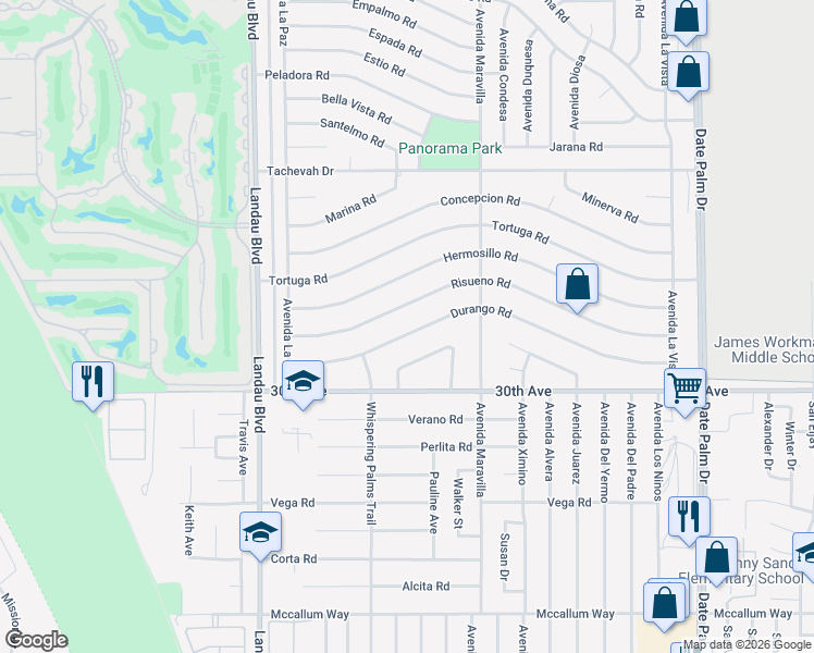 map of restaurants, bars, coffee shops, grocery stores, and more near 68290 Durango Road in Cathedral City
