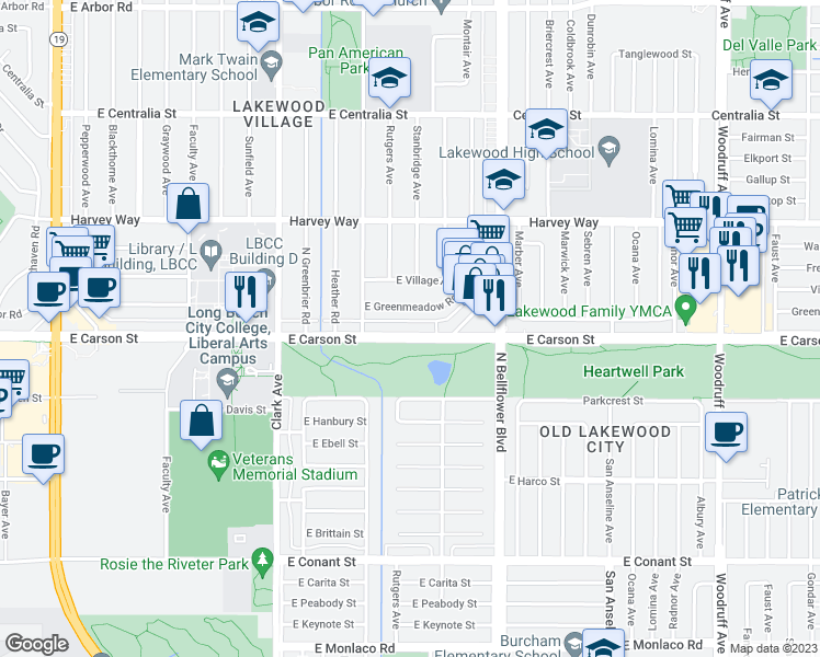 map of restaurants, bars, coffee shops, grocery stores, and more near 5321 East Carson Street in Long Beach