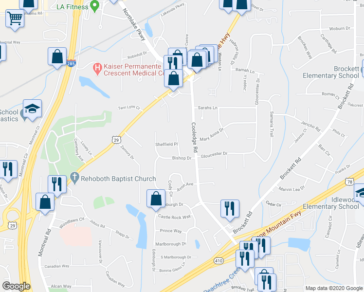 map of restaurants, bars, coffee shops, grocery stores, and more near 1723 Ronald Road in Tucker