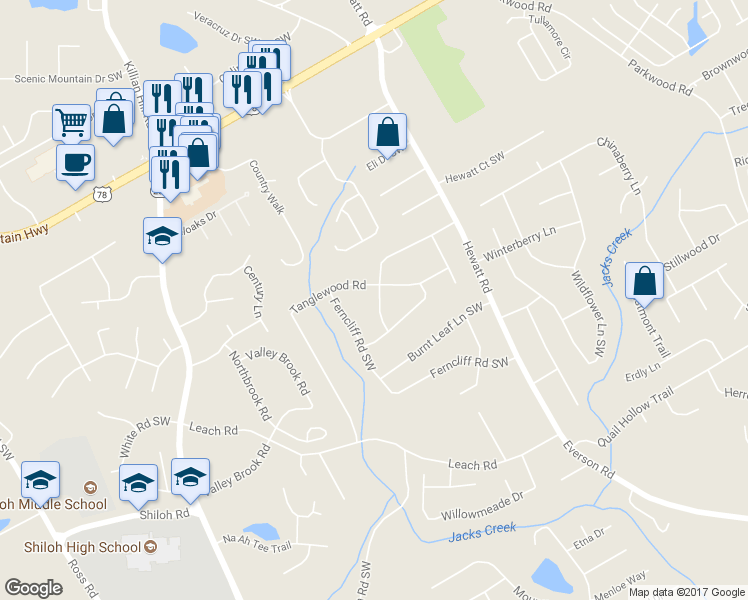 map of restaurants, bars, coffee shops, grocery stores, and more near 3909 Cherie Glen Road Southwest in Snellville