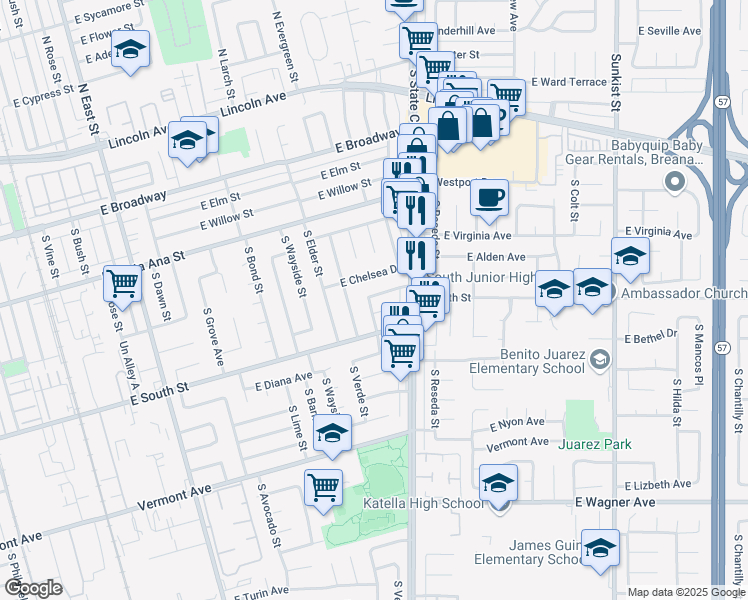 map of restaurants, bars, coffee shops, grocery stores, and more near 1902 East Savoy Avenue in Anaheim