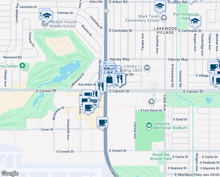 map of restaurants, bars, coffee shops, grocery stores, and more near 4323 East Carson Street in Long Beach