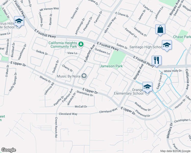 map of restaurants, bars, coffee shops, grocery stores, and more near 3586 Grovedale Street in Corona
