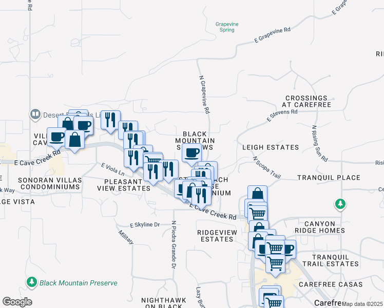 map of restaurants, bars, coffee shops, grocery stores, and more near 6940 East Horizon Drive in Cave Creek
