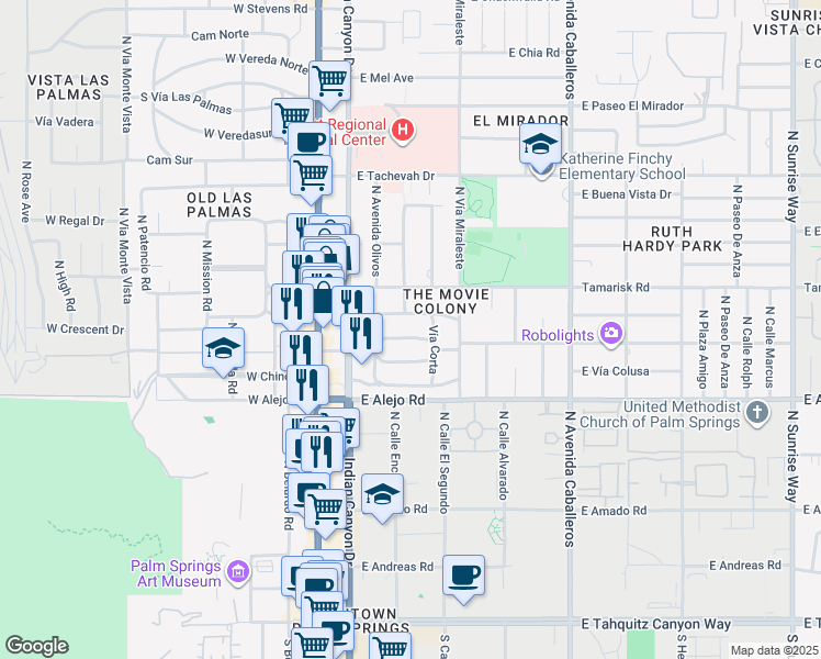 map of restaurants, bars, coffee shops, grocery stores, and more near 480 Vía Corta in Palm Springs