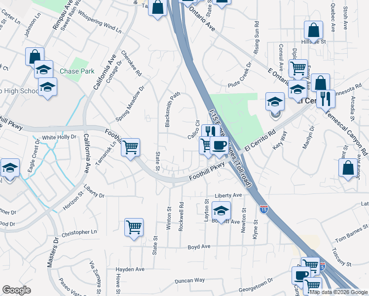 map of restaurants, bars, coffee shops, grocery stores, and more near 1801 Marquez Way in Corona