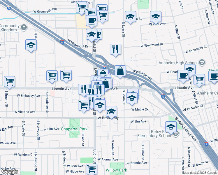 map of restaurants, bars, coffee shops, grocery stores, and more near 1646 West Lincoln Avenue in Anaheim