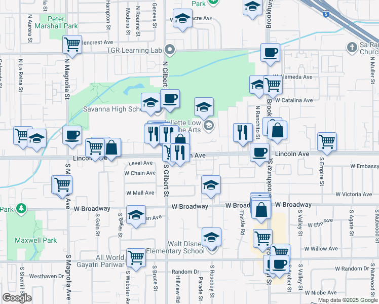 map of restaurants, bars, coffee shops, grocery stores, and more near 111 North Belinda Circle in Anaheim