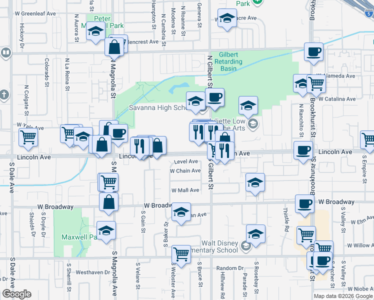 map of restaurants, bars, coffee shops, grocery stores, and more near 2441 West Lincoln Avenue in Anaheim