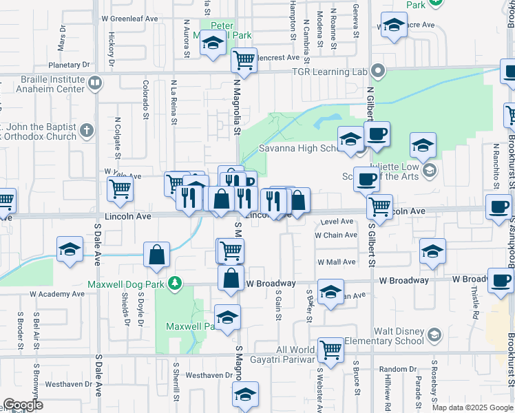 map of restaurants, bars, coffee shops, grocery stores, and more near 2555 West Lincoln Avenue in Anaheim