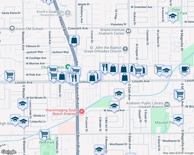 map of restaurants, bars, coffee shops, grocery stores, and more near 100 North Ridgeway Street in Anaheim