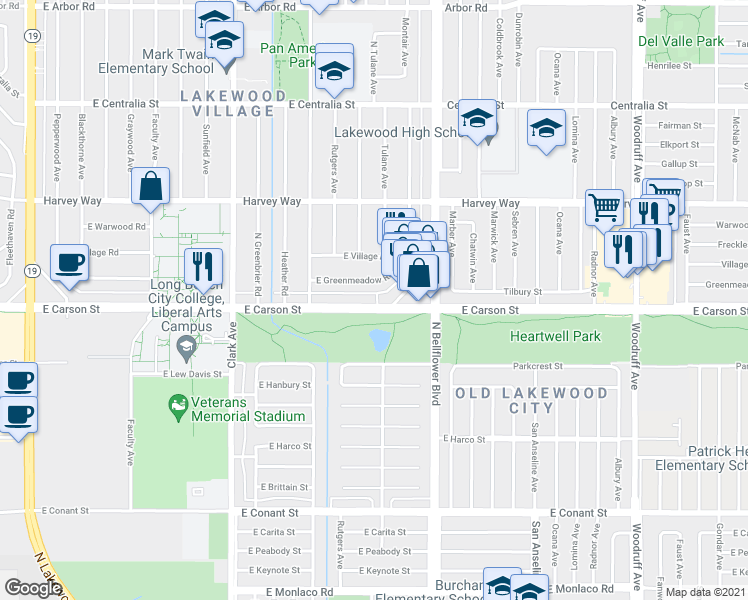 map of restaurants, bars, coffee shops, grocery stores, and more near 5345 East Carson Street in Long Beach