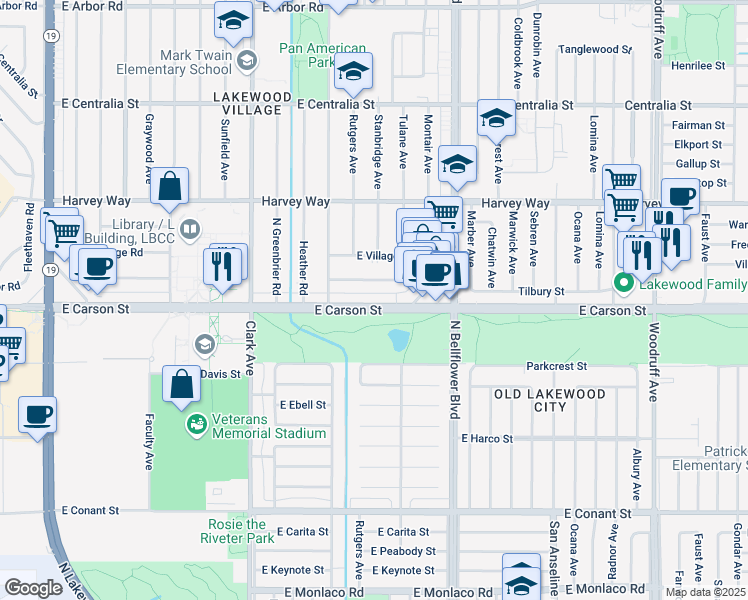 map of restaurants, bars, coffee shops, grocery stores, and more near 5345 East Carson Street in Long Beach