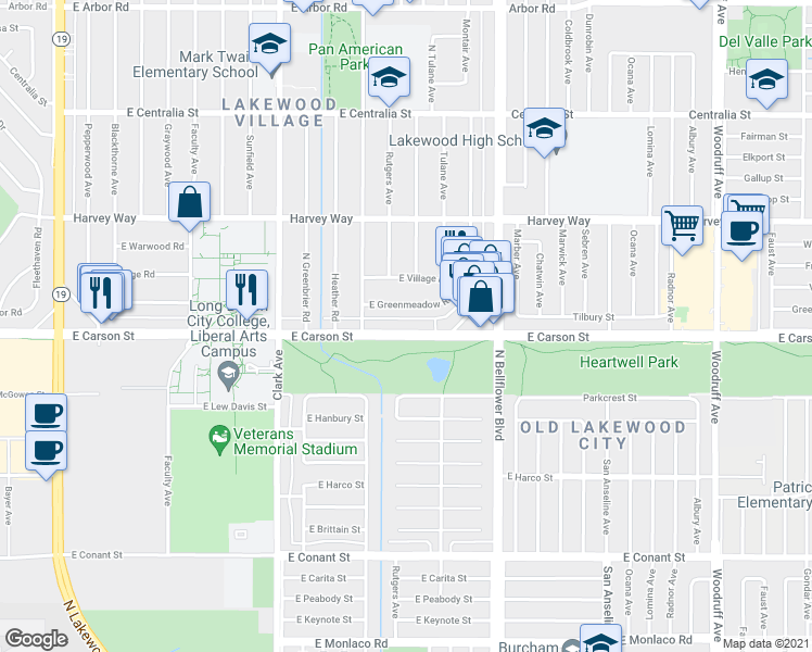 map of restaurants, bars, coffee shops, grocery stores, and more near 5257 East Carson Street in Long Beach