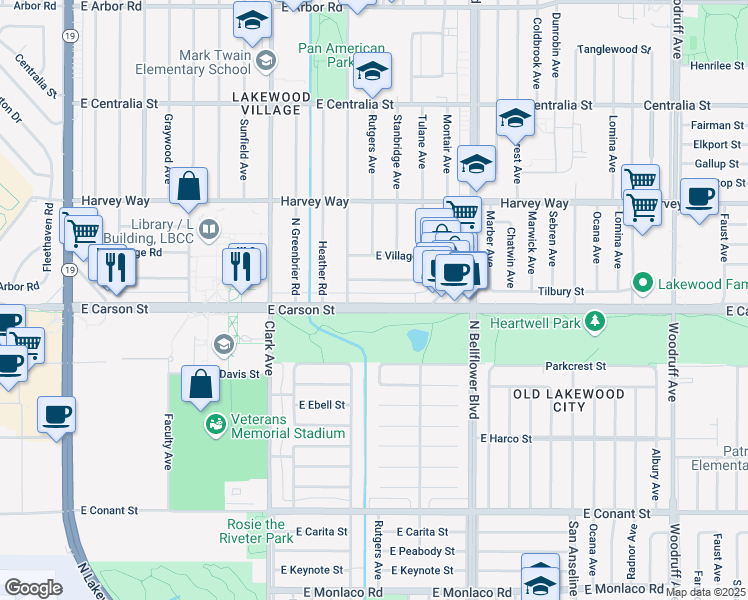 map of restaurants, bars, coffee shops, grocery stores, and more near 5257 East Carson Street in Long Beach