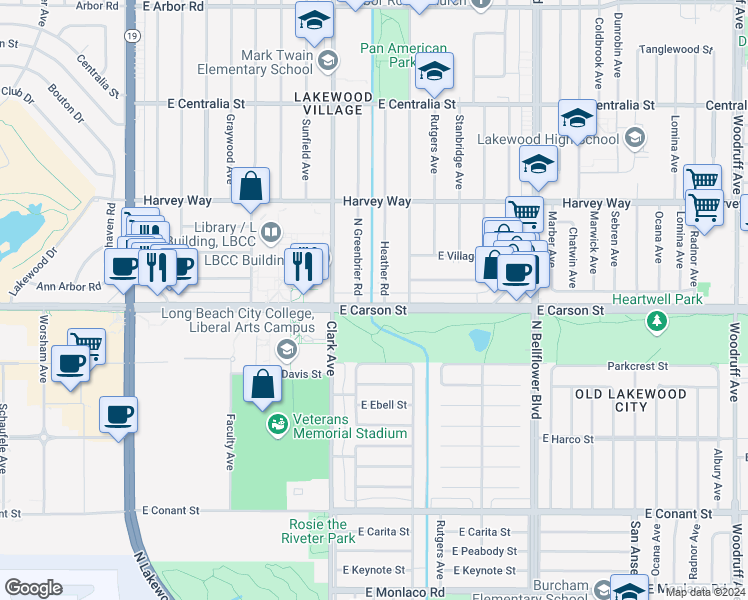 map of restaurants, bars, coffee shops, grocery stores, and more near 5133 East Carson Street in Long Beach