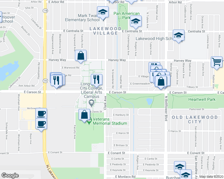 map of restaurants, bars, coffee shops, grocery stores, and more near 5133 East Carson Street in Long Beach