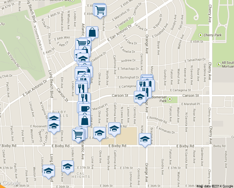 map of restaurants, bars, coffee shops, grocery stores, and more near 1007 East Carson Street in Long Beach