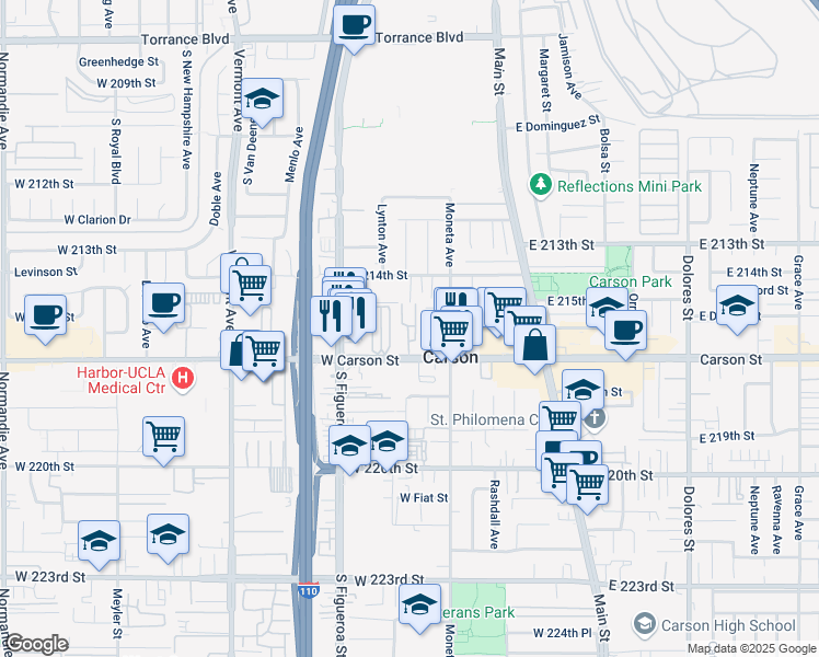 map of restaurants, bars, coffee shops, grocery stores, and more near 437 West Carson Street in Carson
