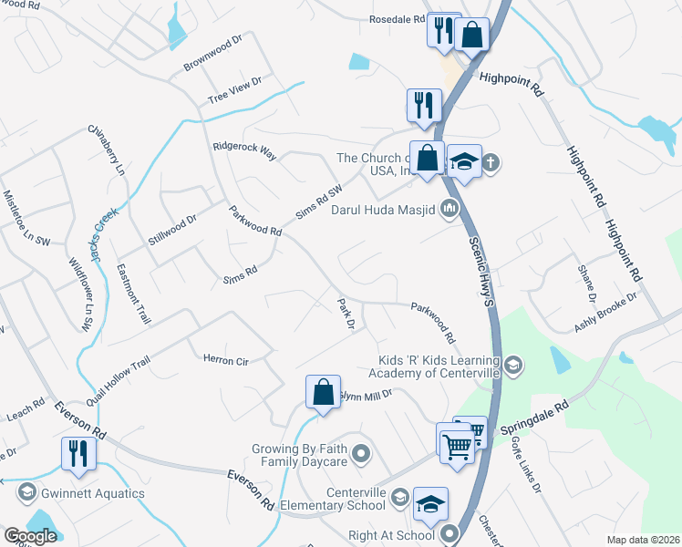 map of restaurants, bars, coffee shops, grocery stores, and more near 2889 Rusticwood Drive Southwest in Snellville