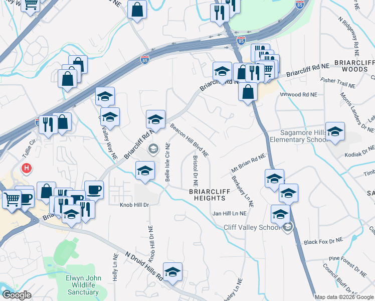 map of restaurants, bars, coffee shops, grocery stores, and more near 1752 Beacon Hill Boulevard Northeast in Atlanta